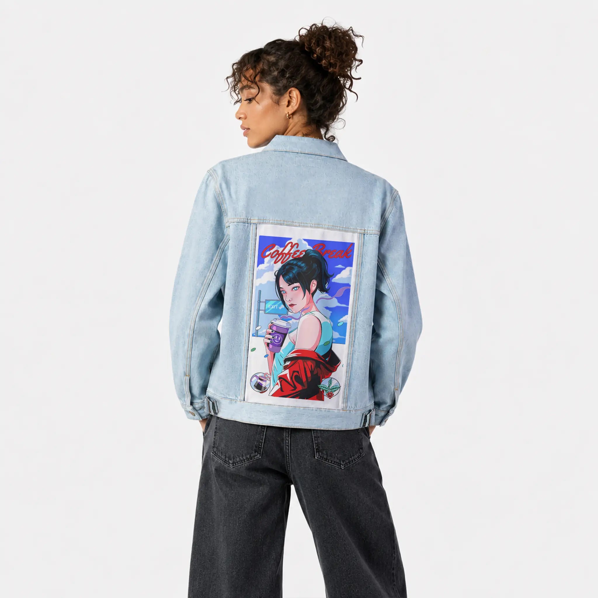 coffeebreak patch on female og denim jacket in oceanside