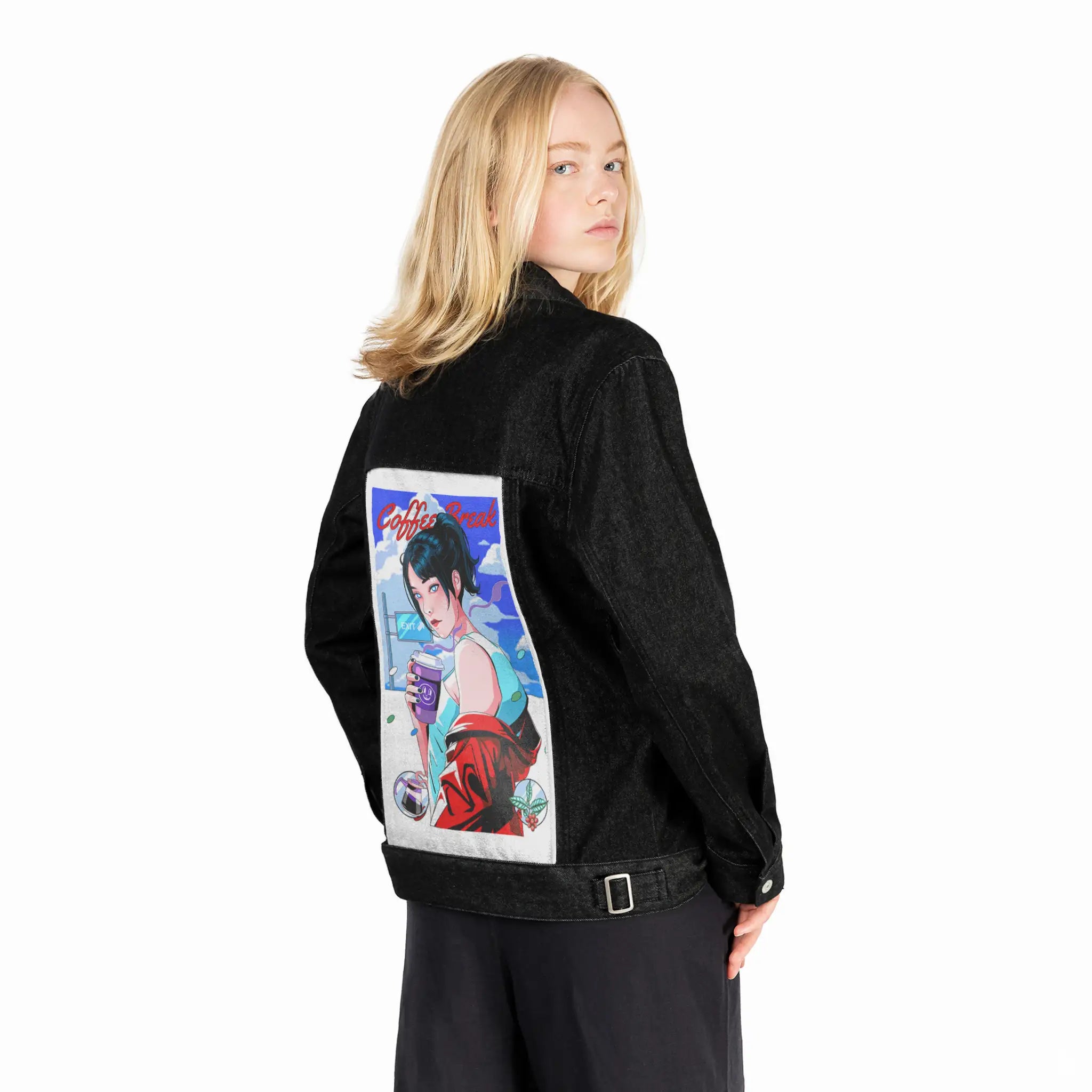 coffeebreak patch on female og denim jacket in raven
