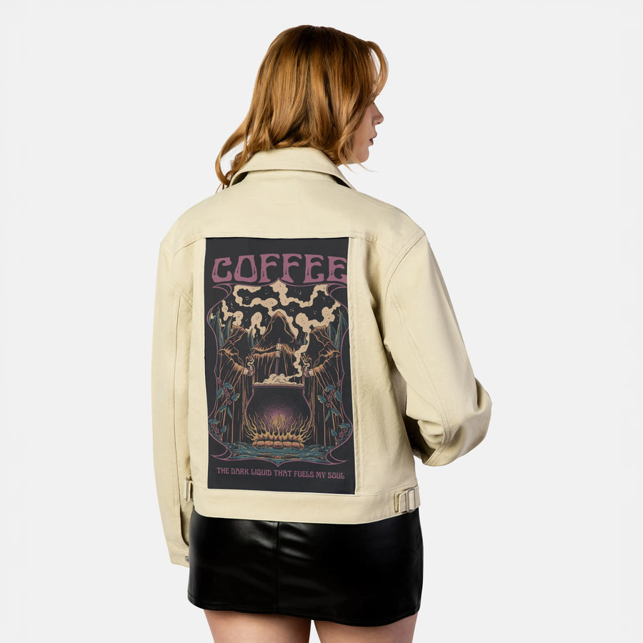 coffeedarkliquid patch on female atelier canvas jacket in tan
