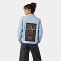 coffeedarkliquid patch on female og denim jacket in oceanside