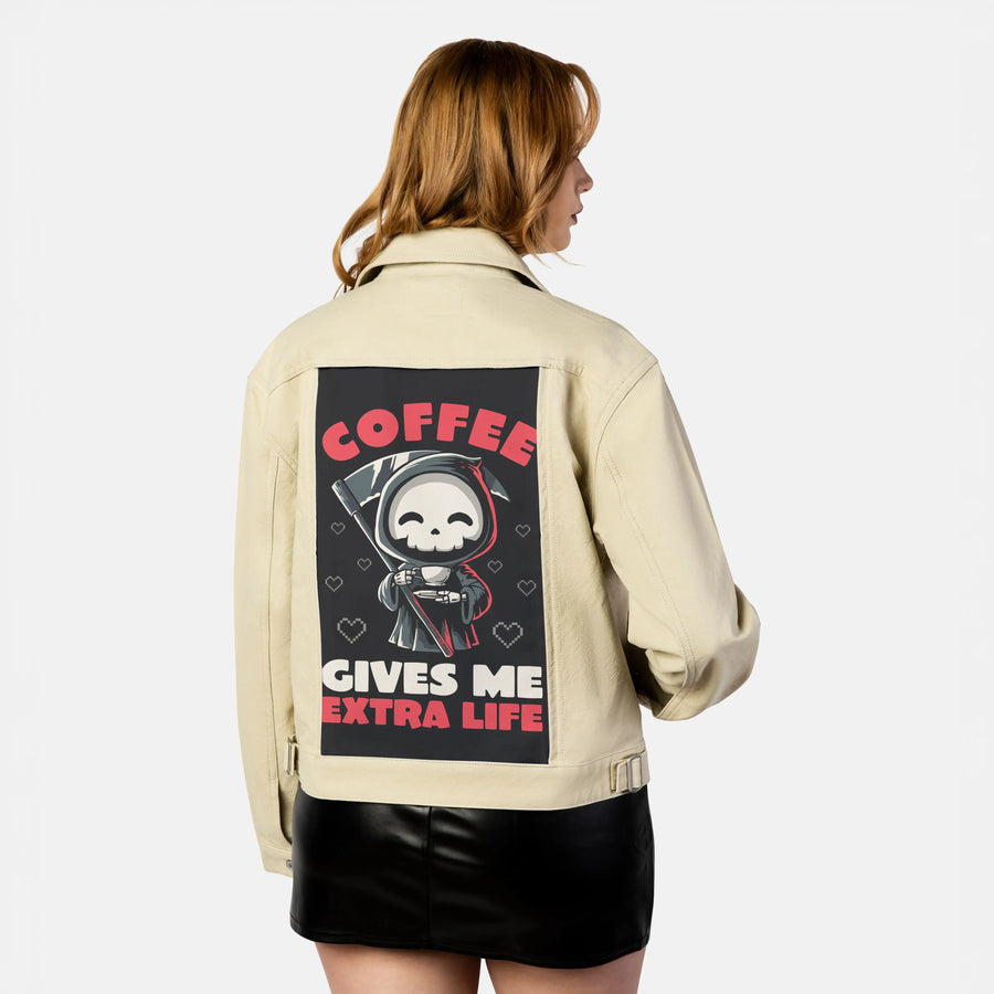 coffeelife patch on female atelier canvas jacket in tan