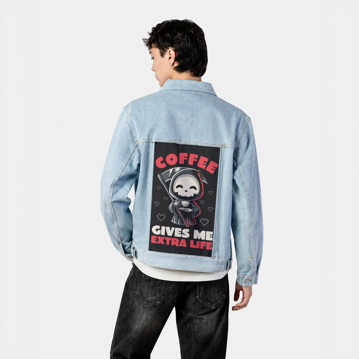 coffeelife patch on male og denim jacket in oceanside