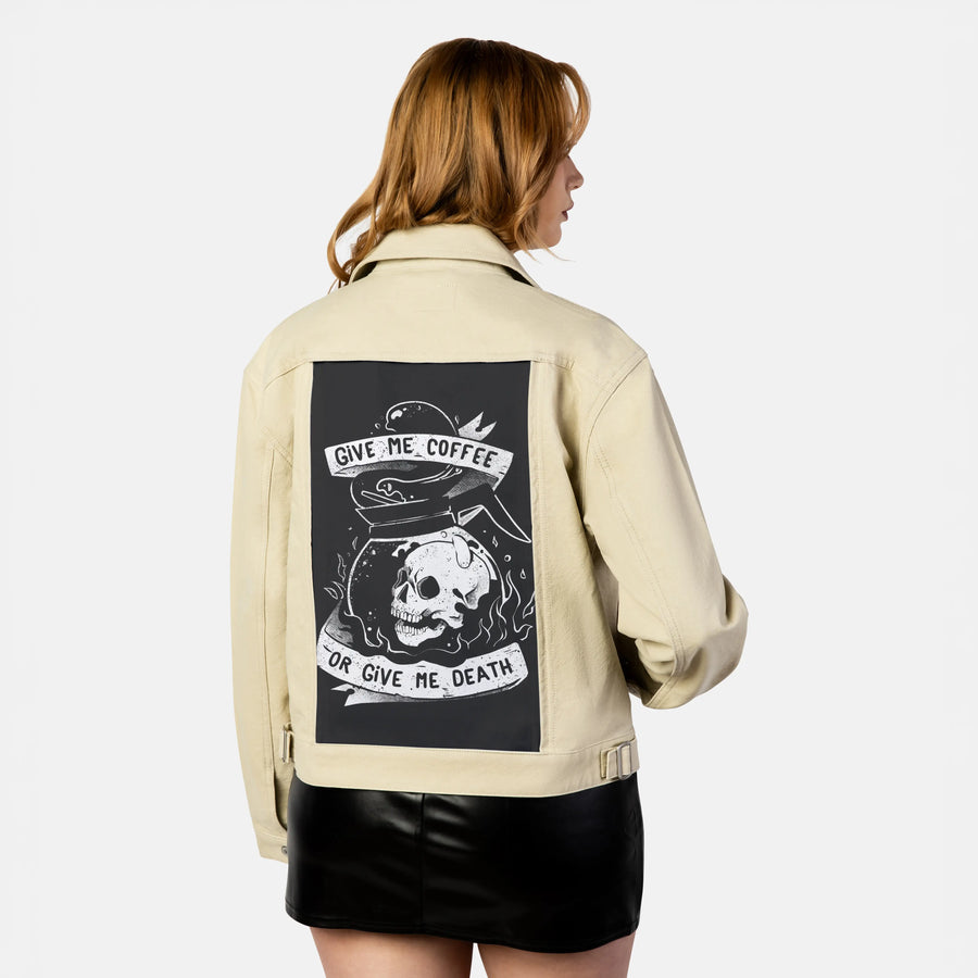 coffeeordeath patch on female atelier canvas jacket in tan