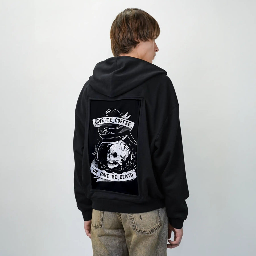 coffeeordeath patch on male essential zip hoodie in after hours
