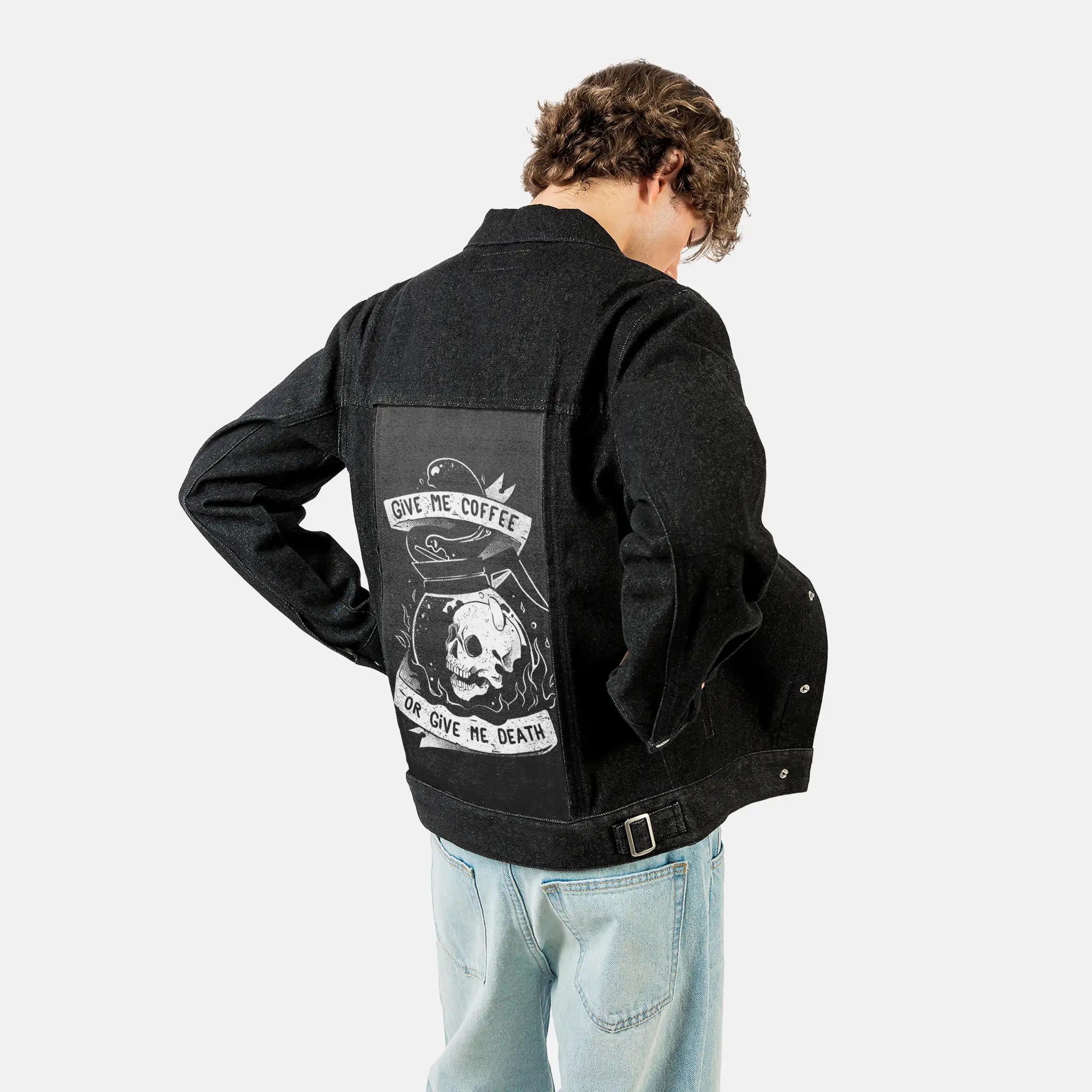 coffeeordeath patch on male og denim jacket in raven