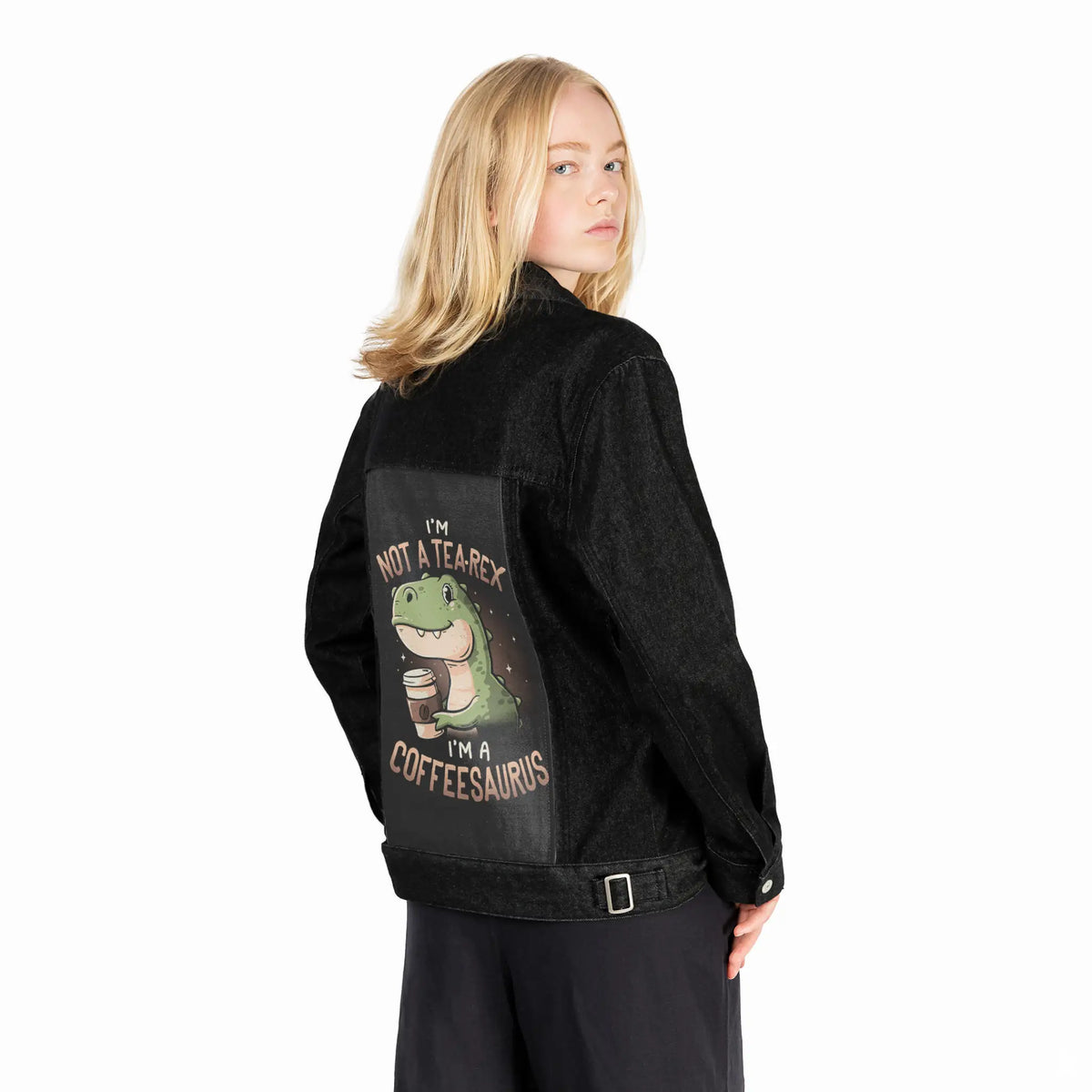 coffeesaurus patch on female og denim jacket in raven