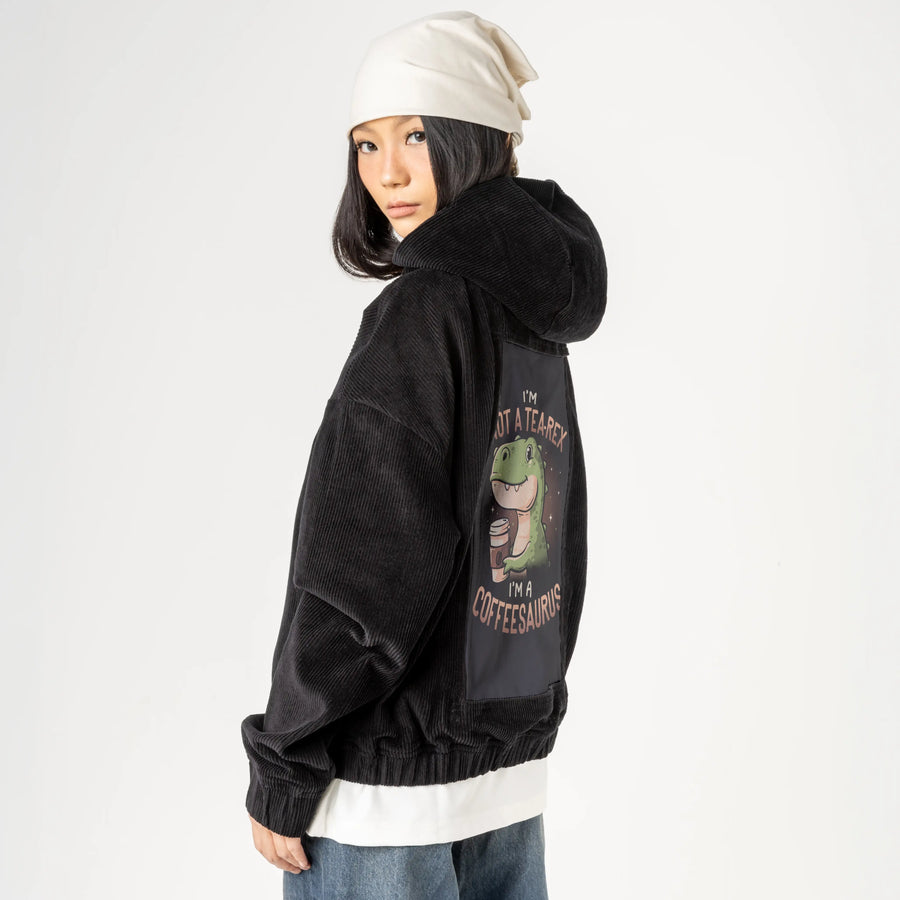 coffeesaurus patch on female retro cord hoodie in onyx