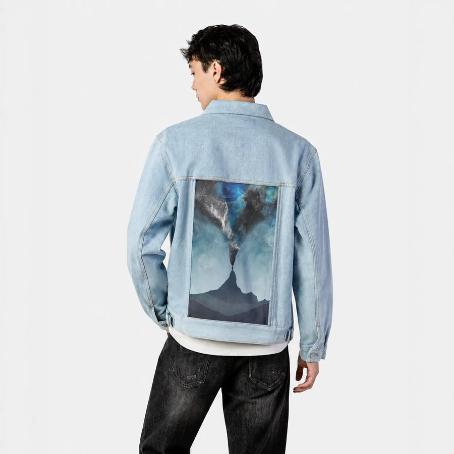 connectorii patch on male og denim jacket in oceanside