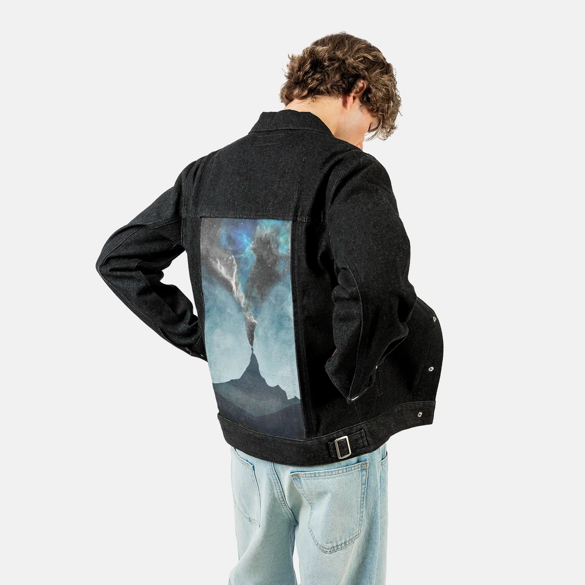 connectorii patch on male og denim jacket in raven