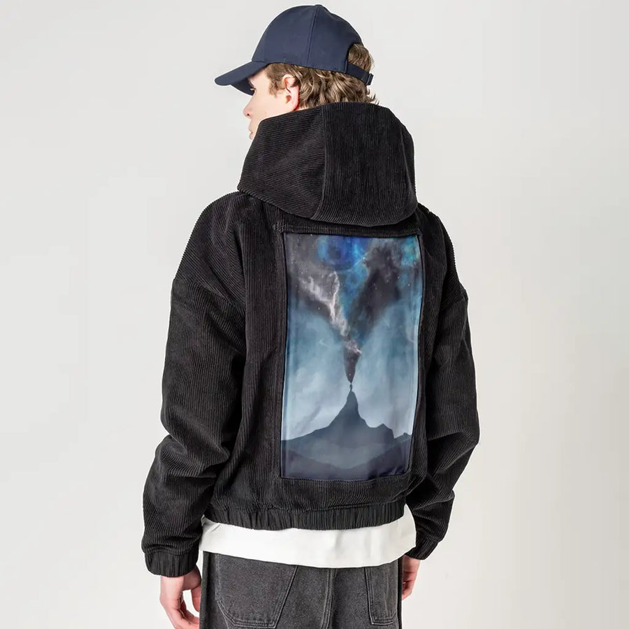 connectorii patch on male retro cord hoodie in onyx