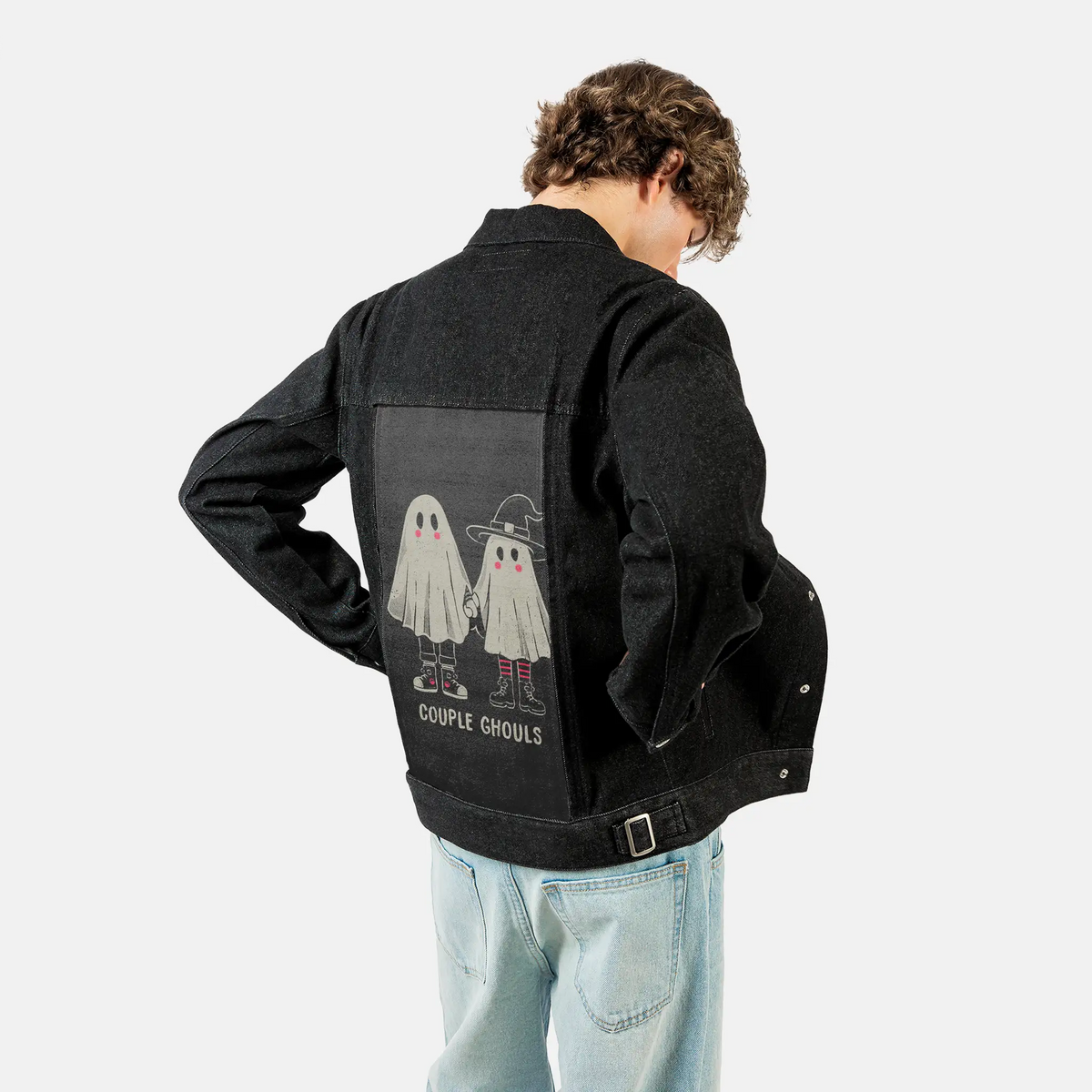 coupleghouls patch on male og denim jacket in raven