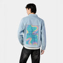 courage patch on male og denim jacket in oceanside