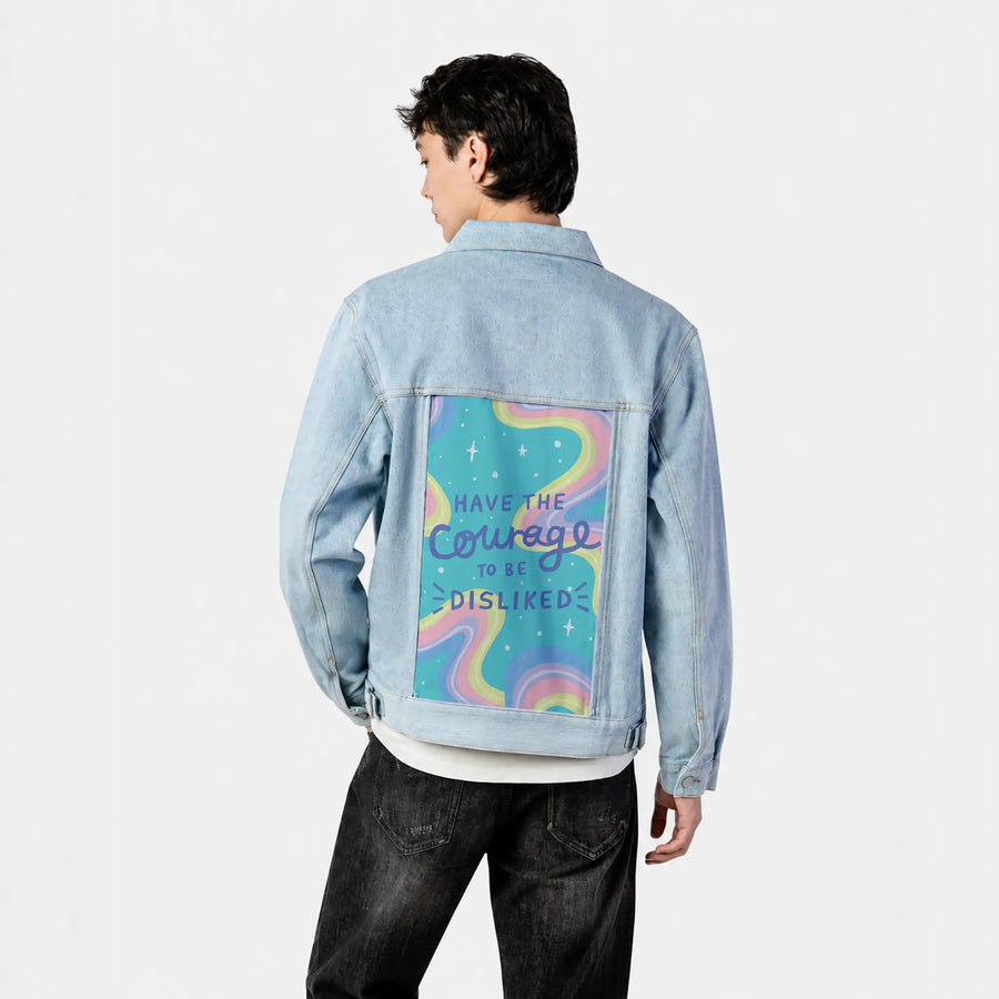 courage patch on male og denim jacket in oceanside