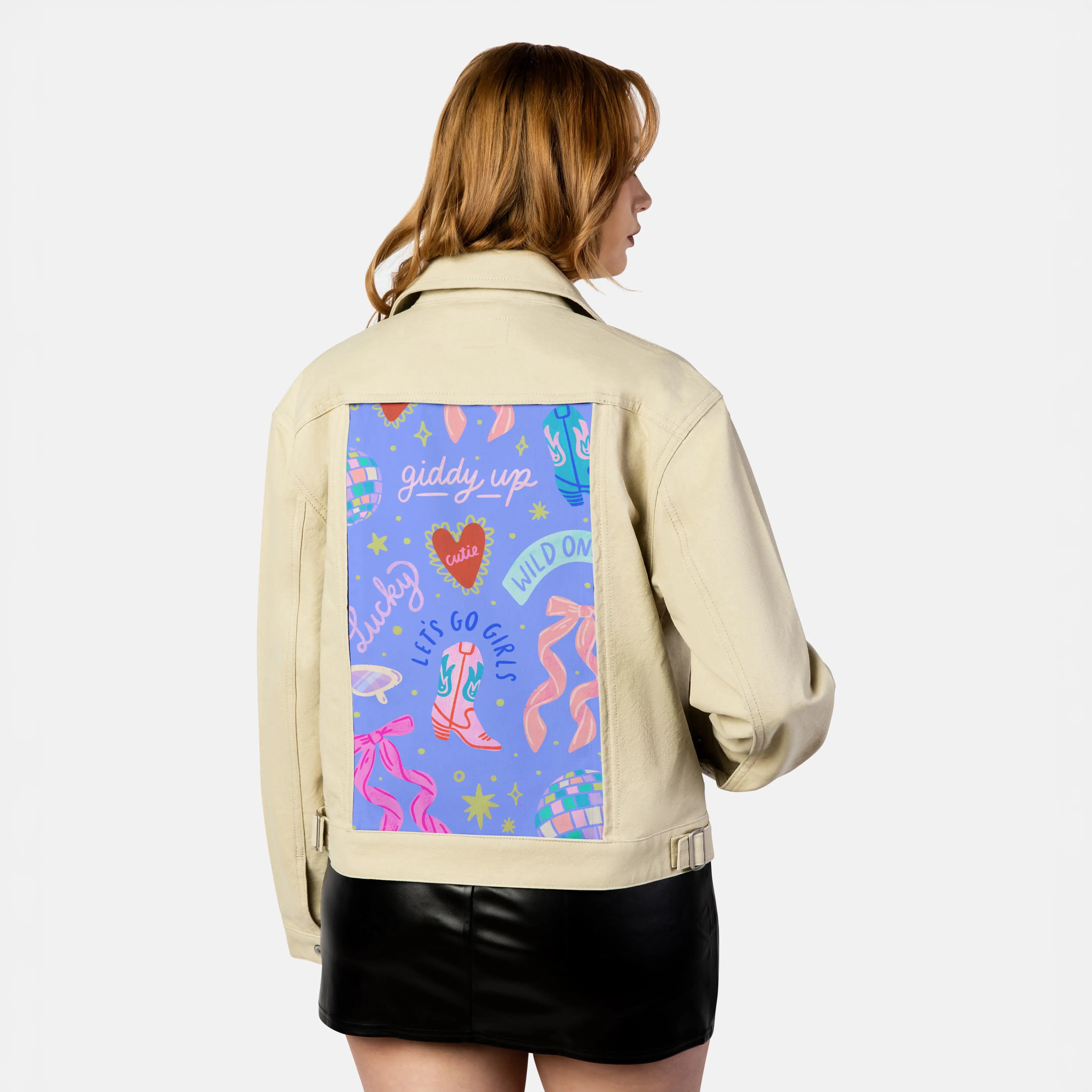 cowgirl patch on female atelier canvas jacket in tan