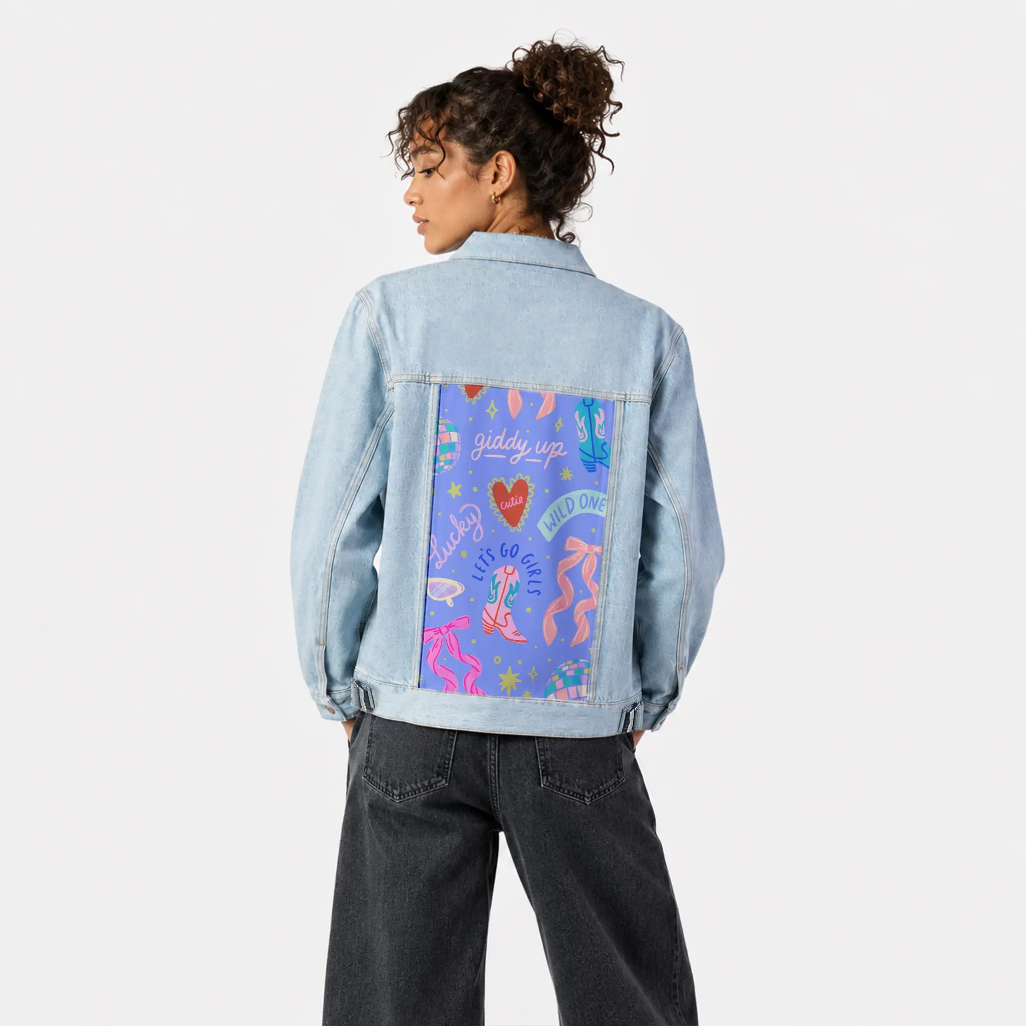 cowgirl patch on female og denim jacket in oceanside