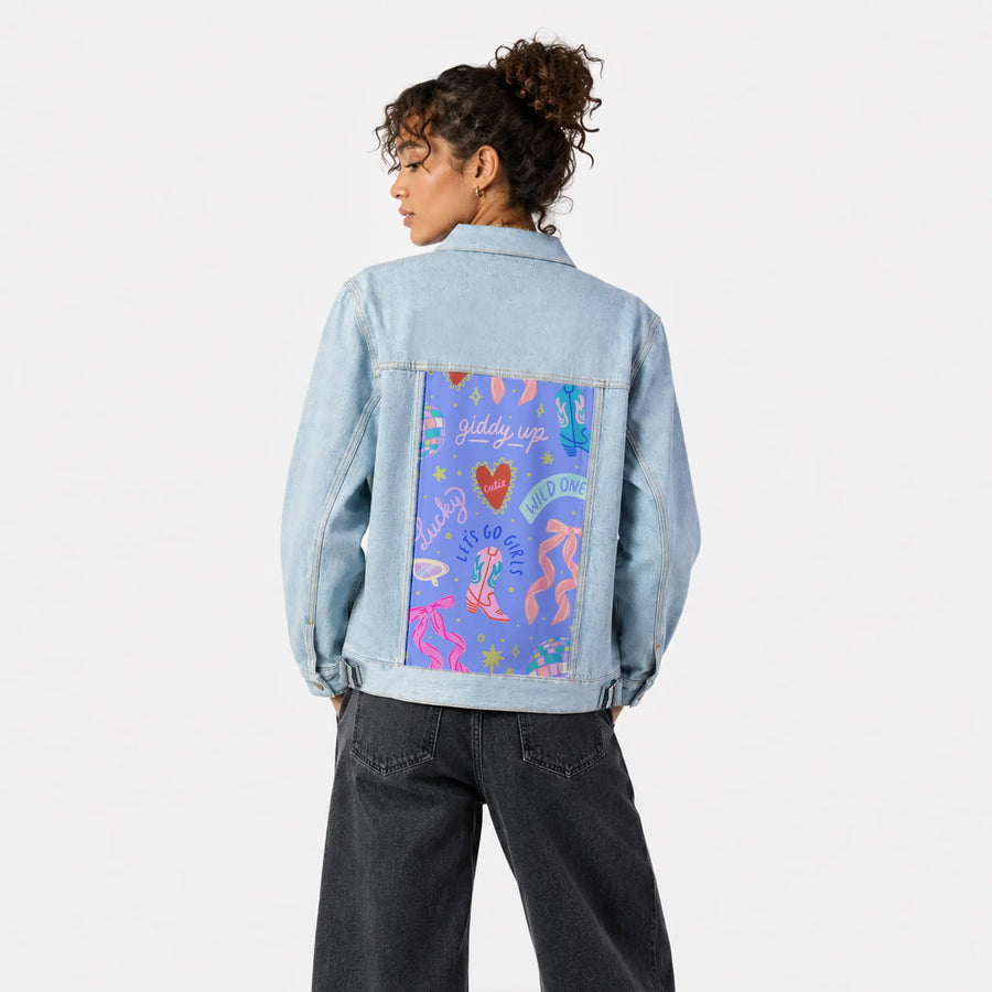 cowgirl patch on female og denim jacket in oceanside