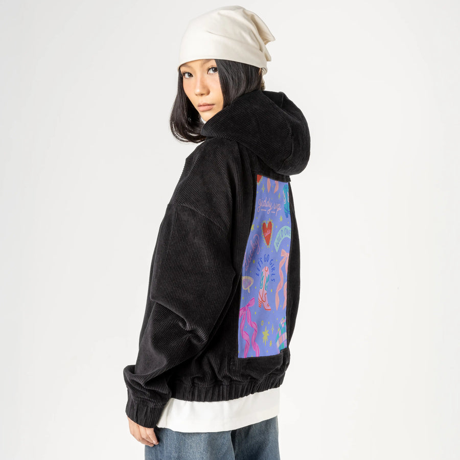 cowgirl patch on female retro cord hoodie in onyx