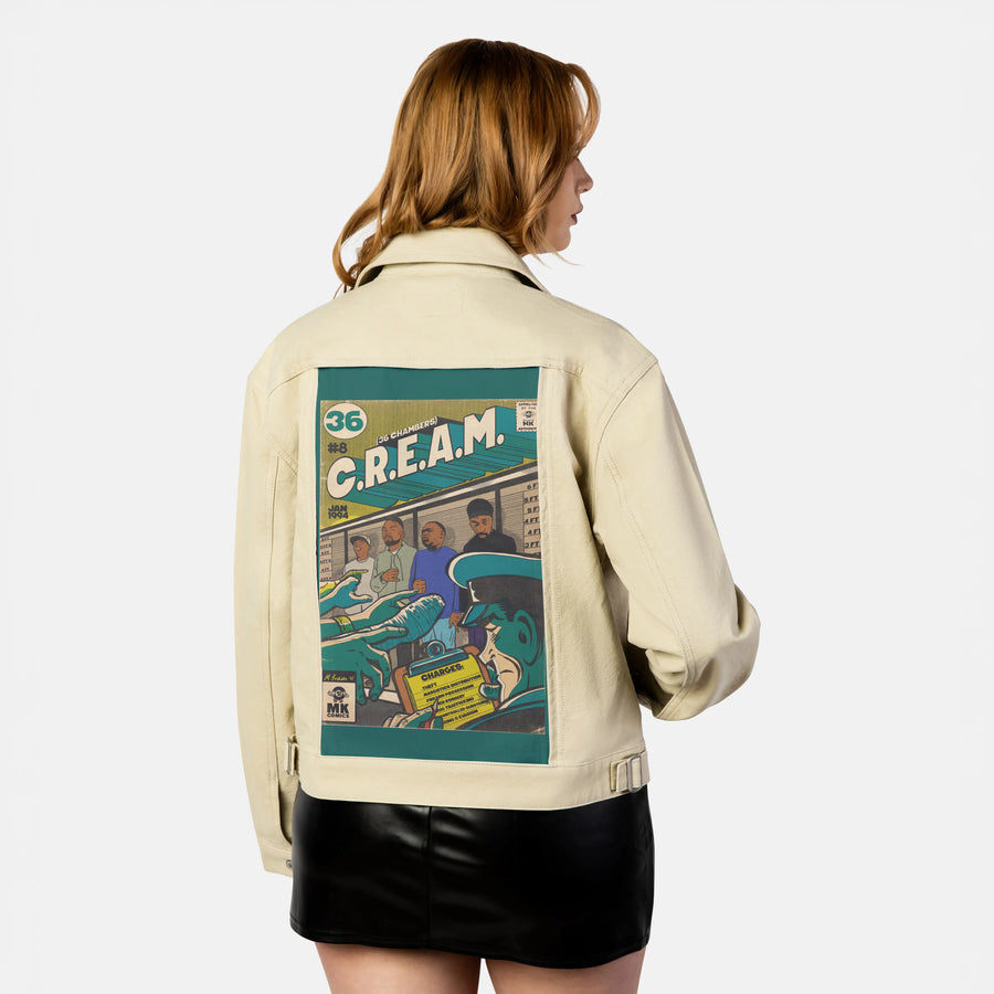 cream patch on female atelier canvas jacket in tan