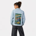 cream patch on female og denim jacket in oceanside