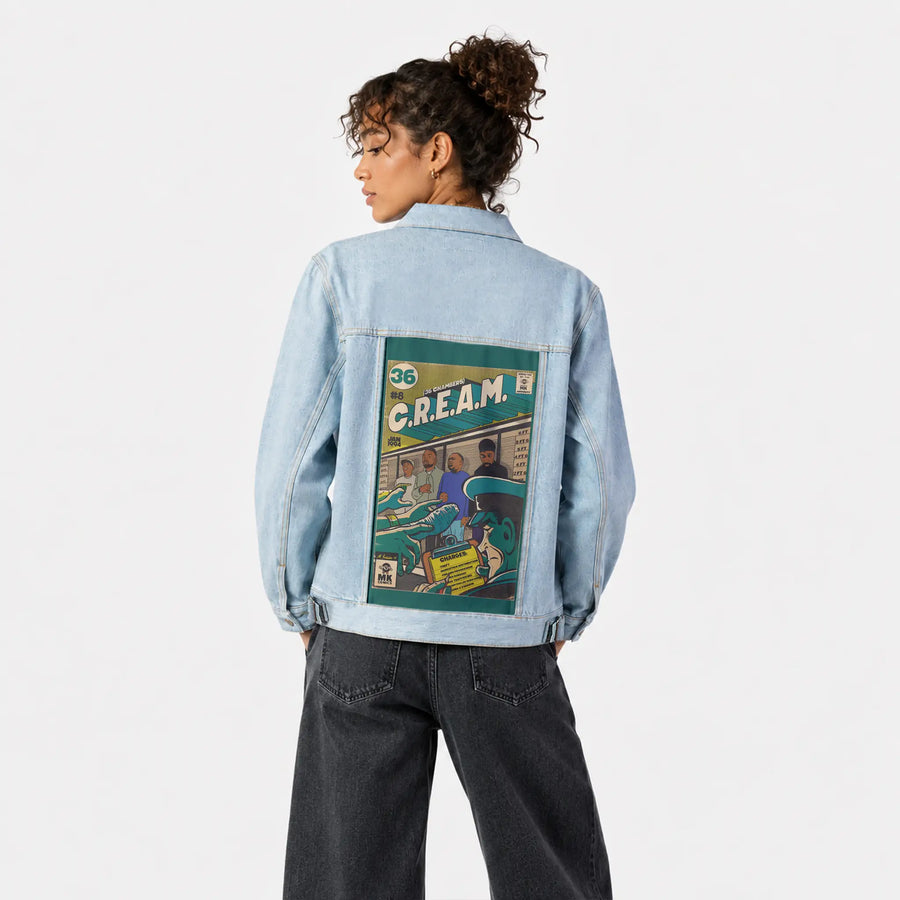 cream patch on female og denim jacket in oceanside