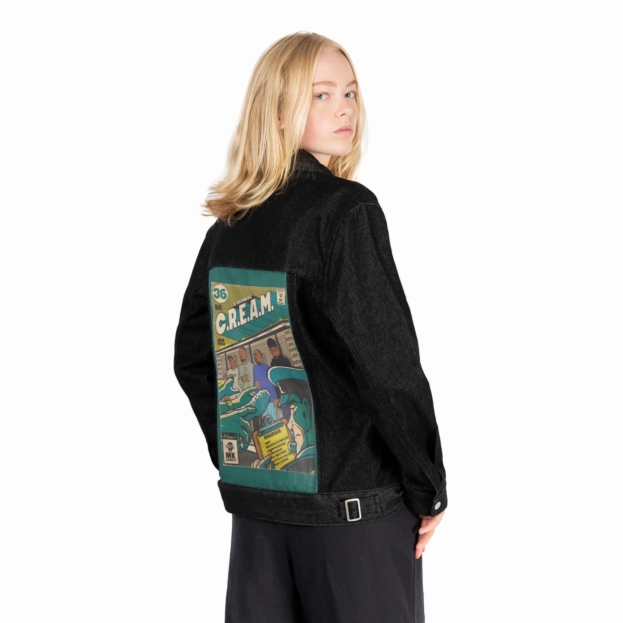 cream patch on female og denim jacket in raven