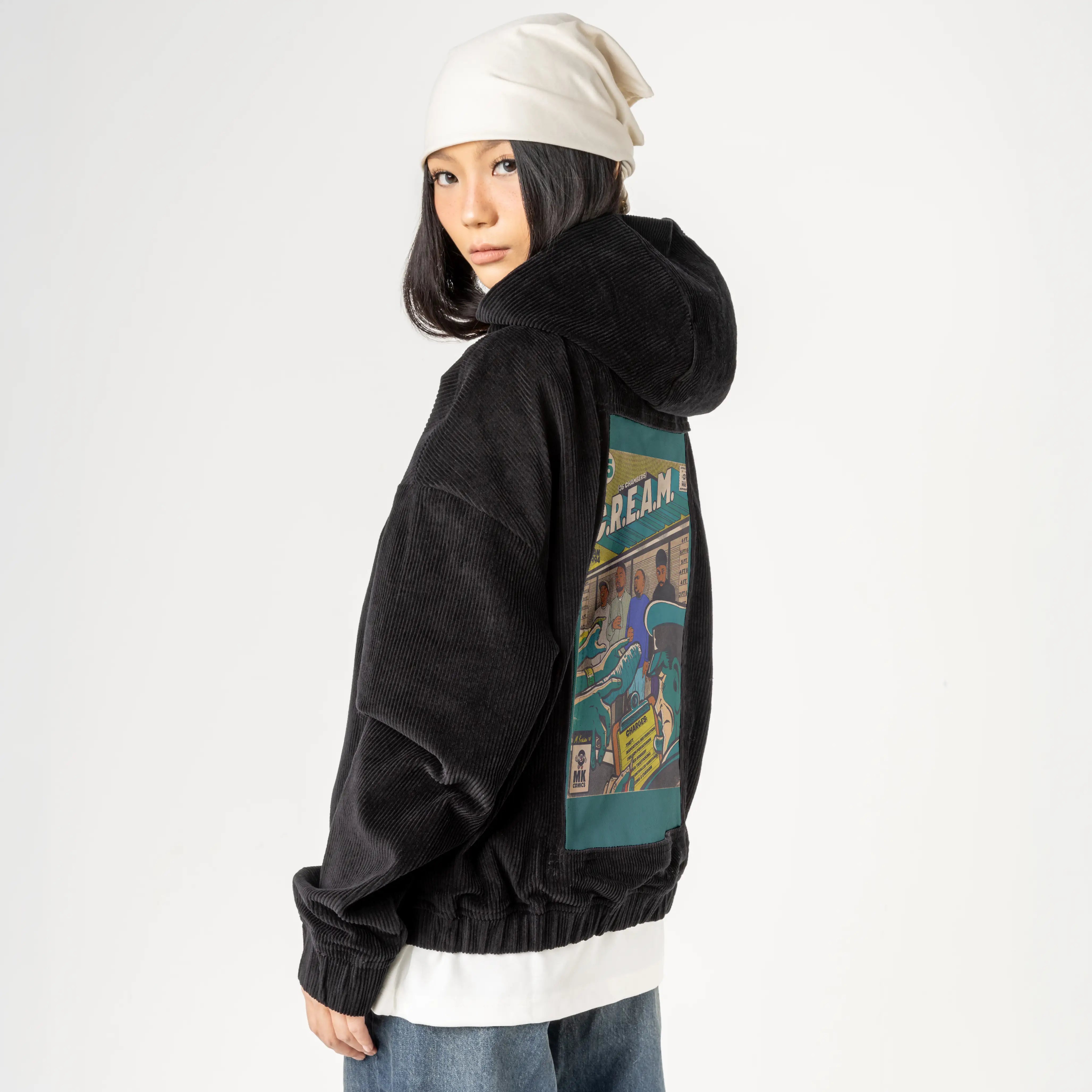 cream patch on female retro cord hoodie in onyx