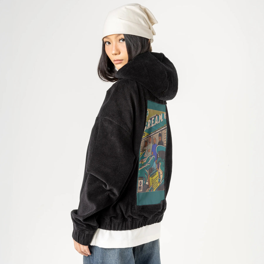 cream patch on female retro cord hoodie in onyx