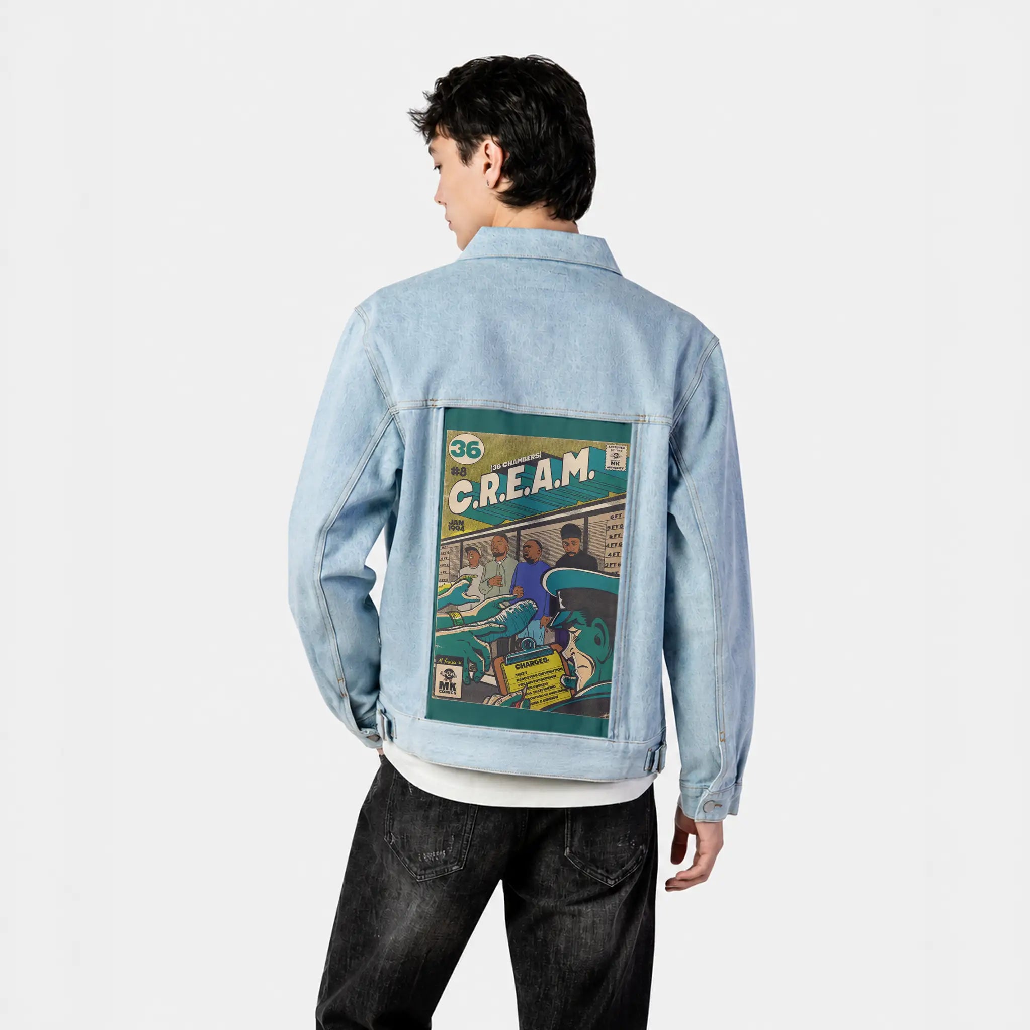 cream patch on male og denim jacket in oceanside