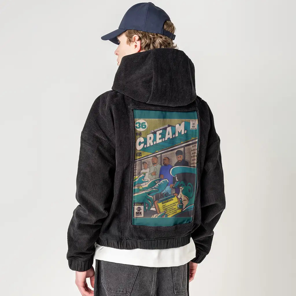 cream patch on male retro cord hoodie in onyx