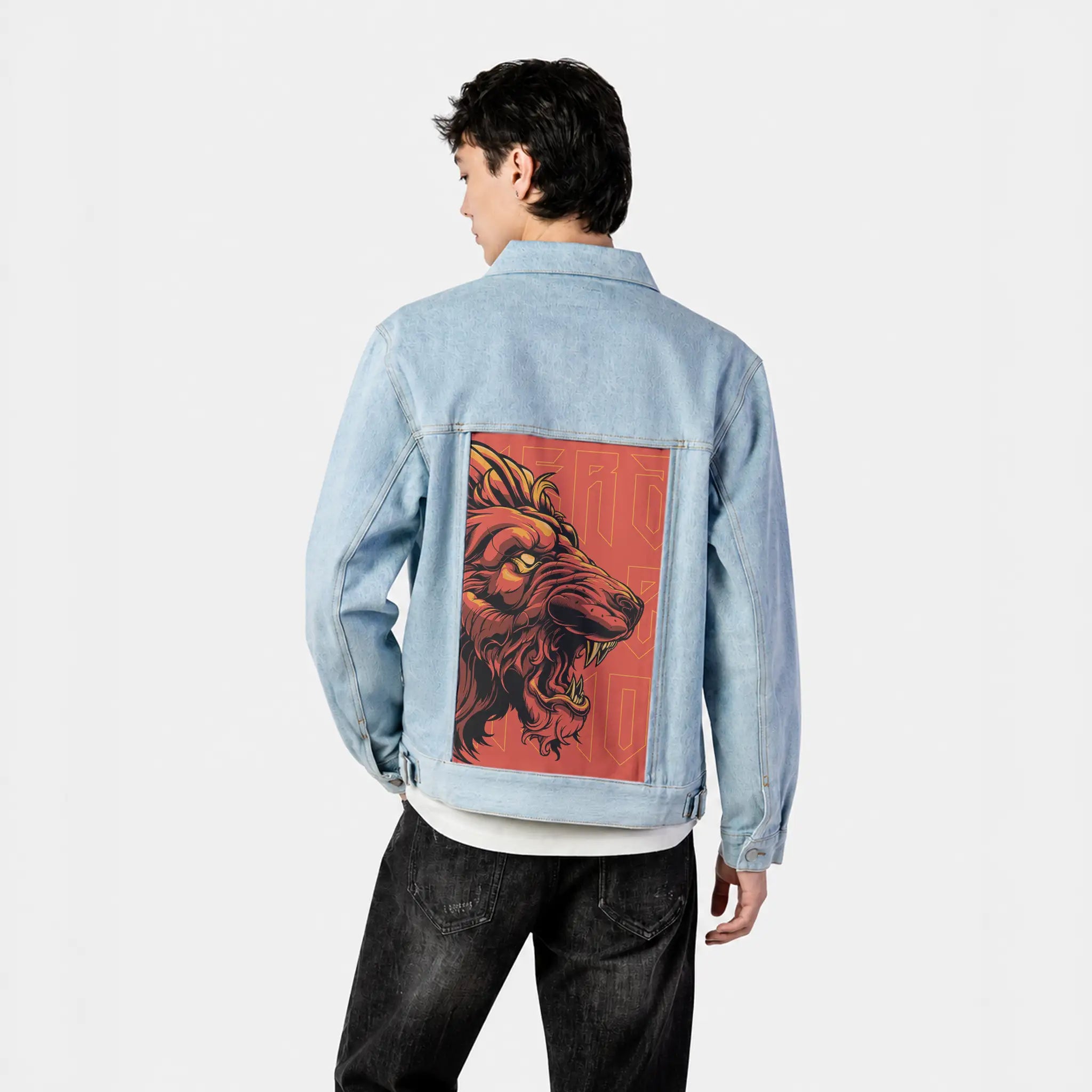 crimsonroar patch on male og denim jacket in oceanside