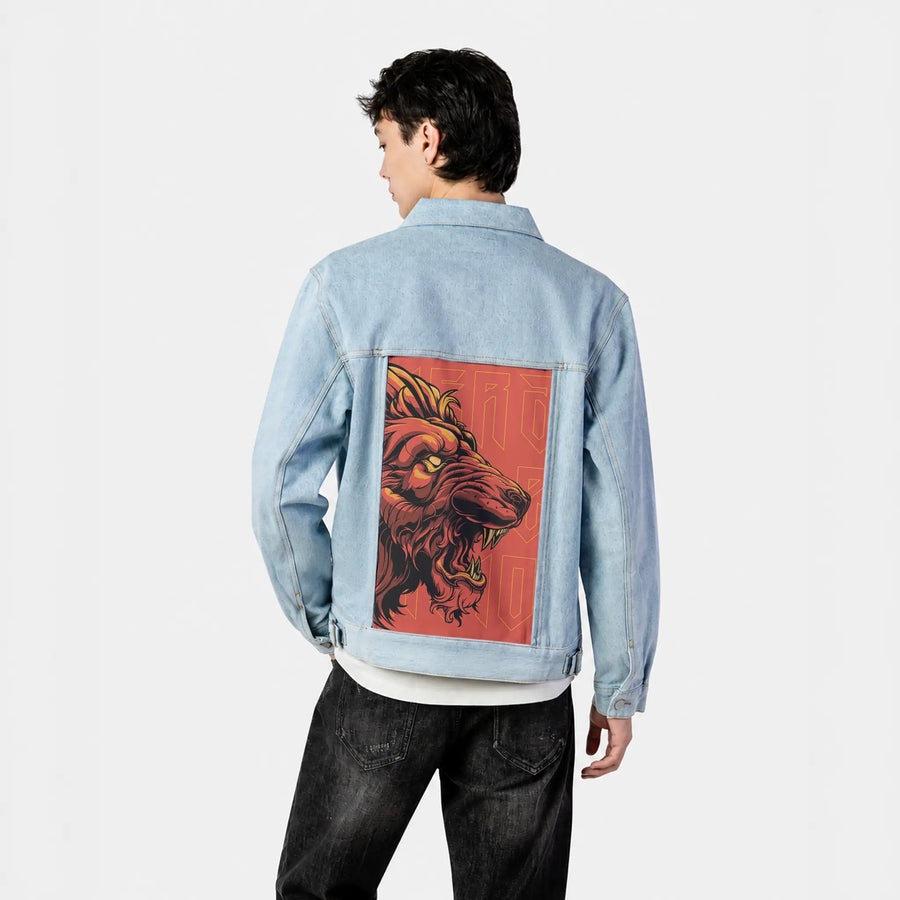 crimsonroar patch on male og denim jacket in oceanside
