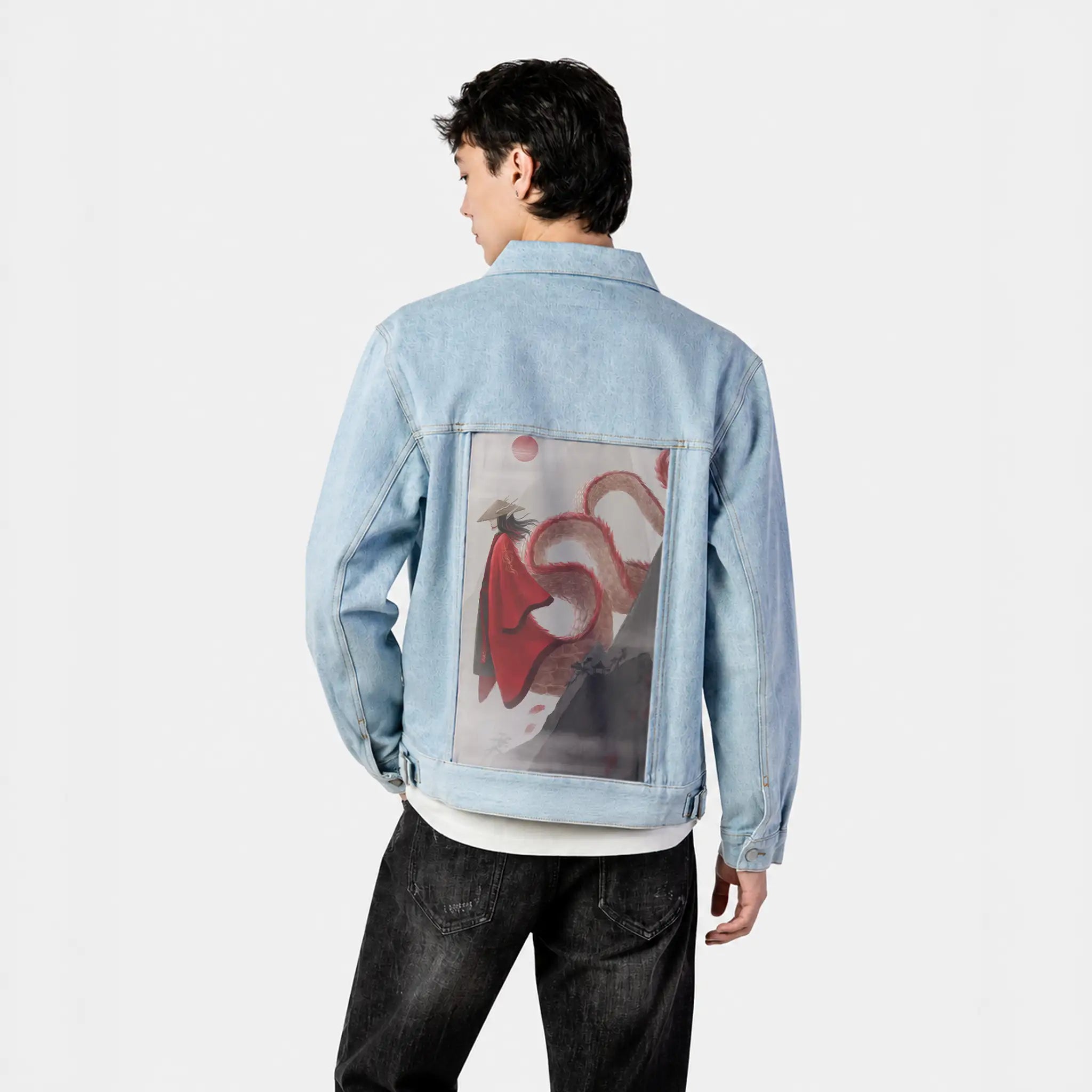 crimsonwhisperer patch on male og denim jacket in oceanside