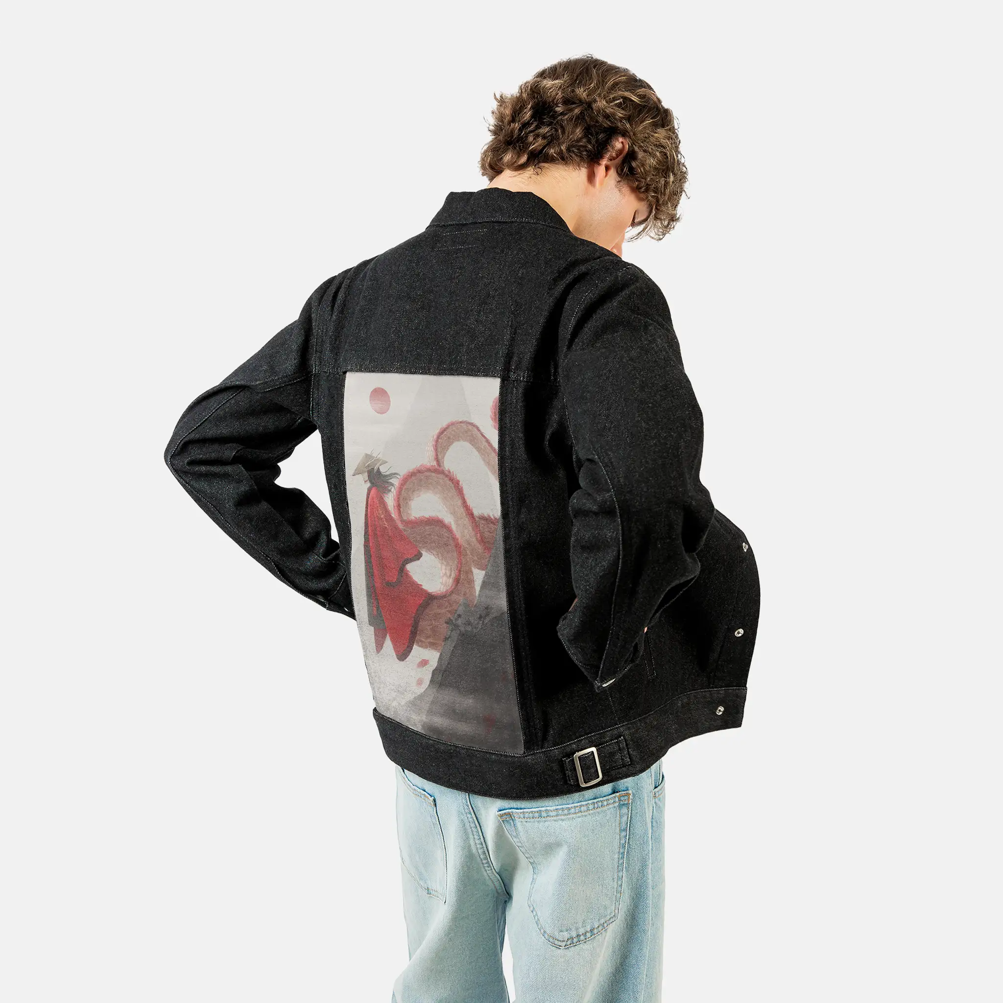 crimsonwhisperer patch on male og denim jacket in raven