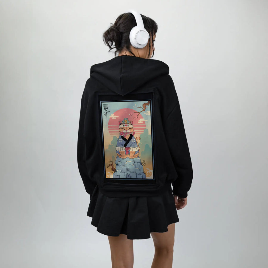 croakerandmeowster patch on female essential zip hoodie in after hours