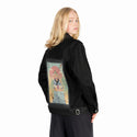 croakerandmeowster patch on female og denim jacket in raven