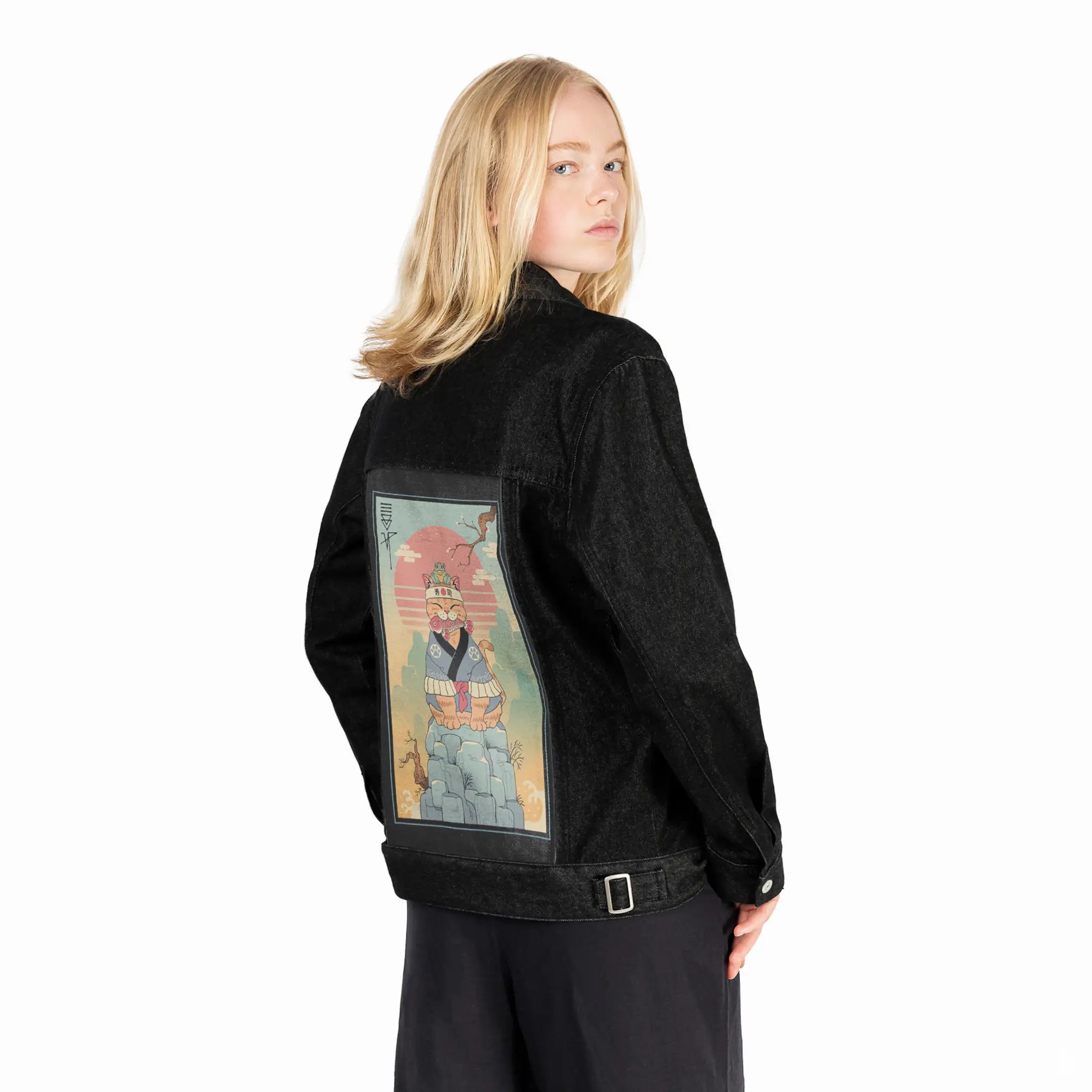 croakerandmeowster patch on female og denim jacket in raven