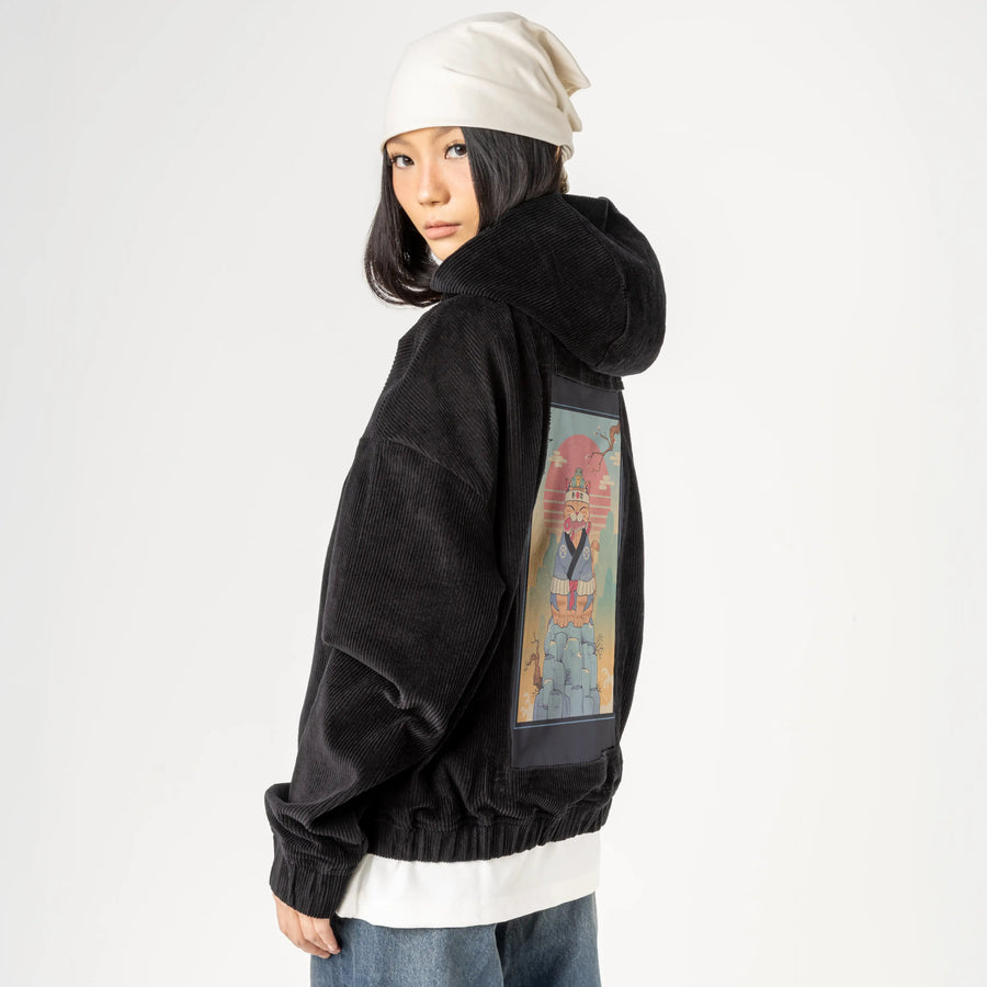 croakerandmeowster patch on female retro cord hoodie in onyx