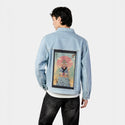 croakerandmeowster patch on male og denim jacket in oceanside