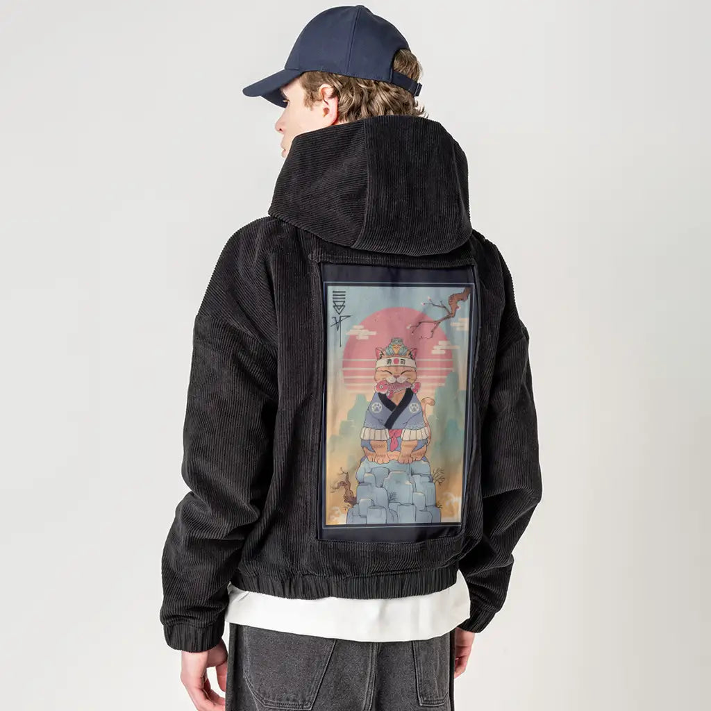 croakerandmeowster patch on male retro cord hoodie in onyx