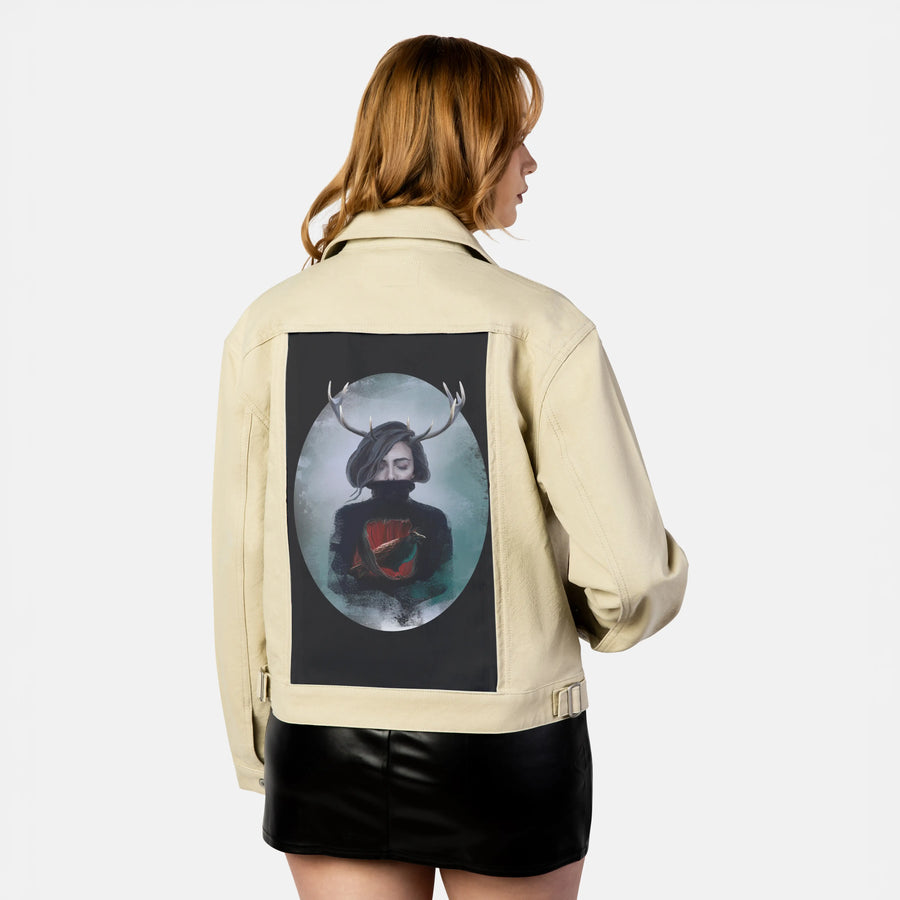 crow patch on female atelier canvas jacket in tan