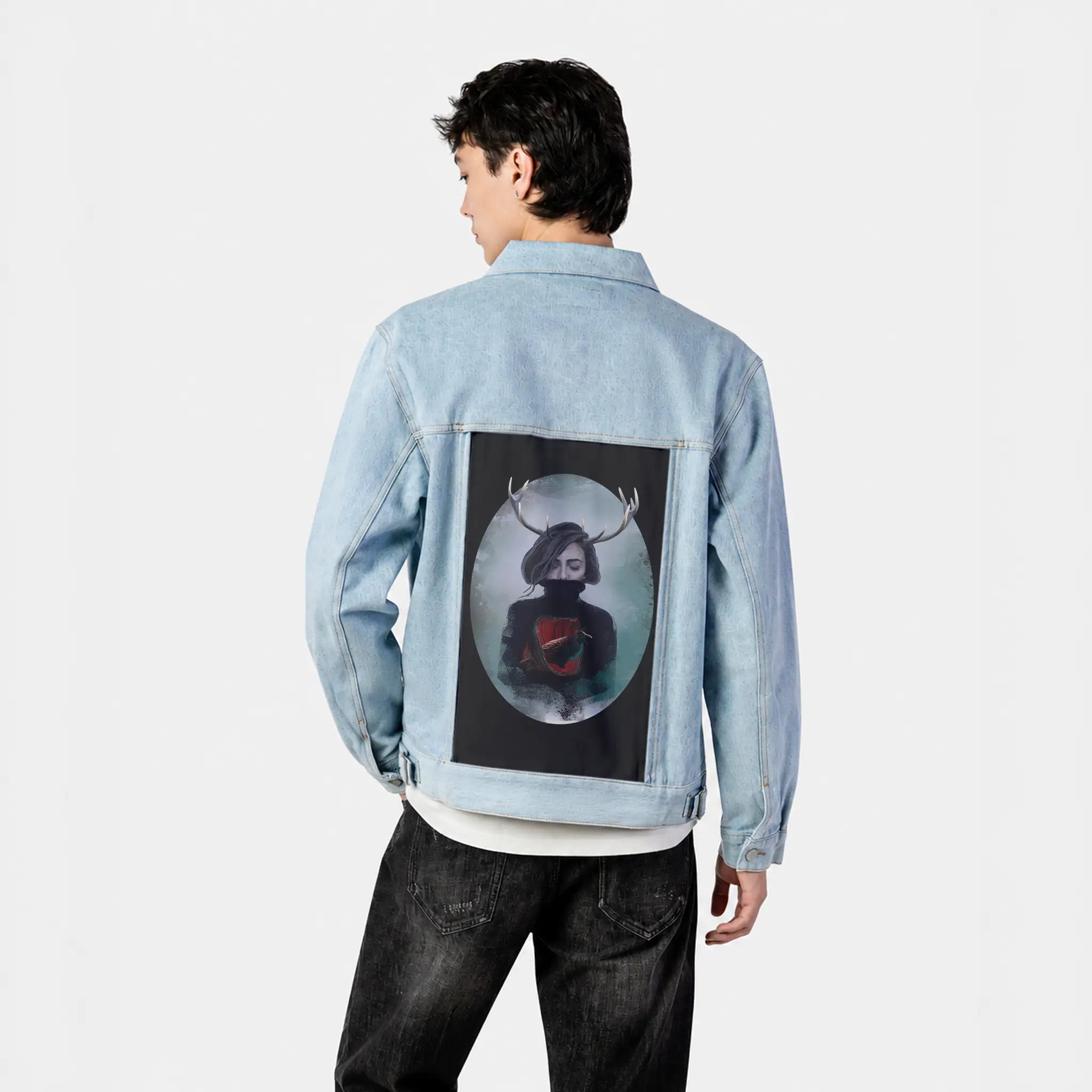 crow patch on male og denim jacket in oceanside