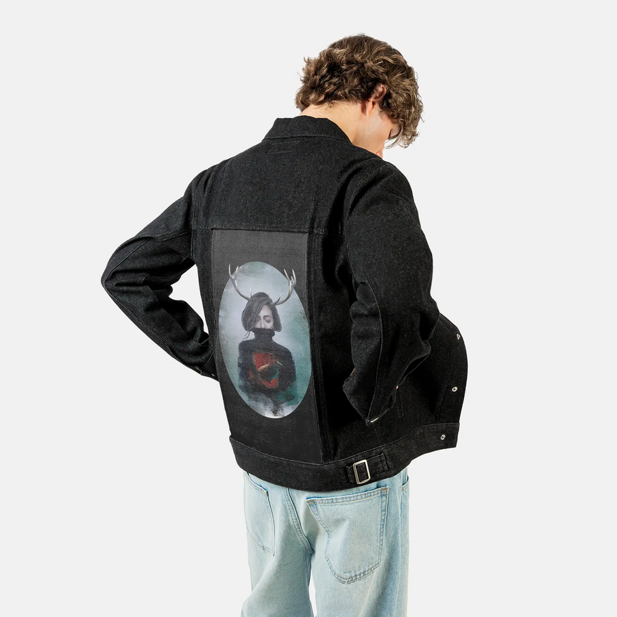 crow patch on male og denim jacket in raven