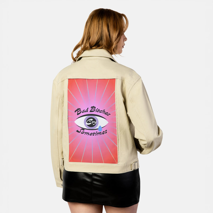 crysometimes patch on female atelier canvas jacket in tan