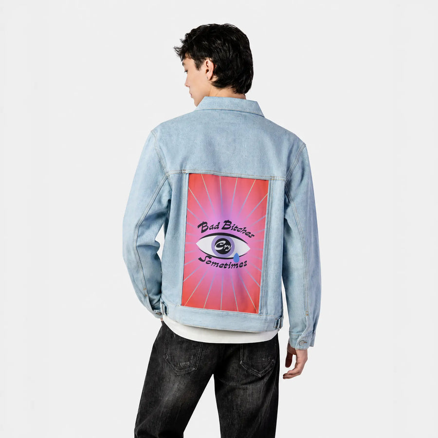 crysometimes patch on male og denim jacket in oceanside