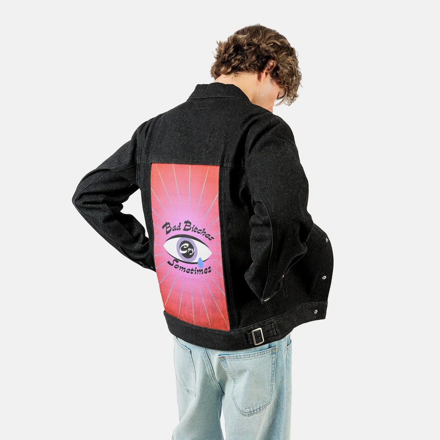 crysometimes patch on male og denim jacket in raven