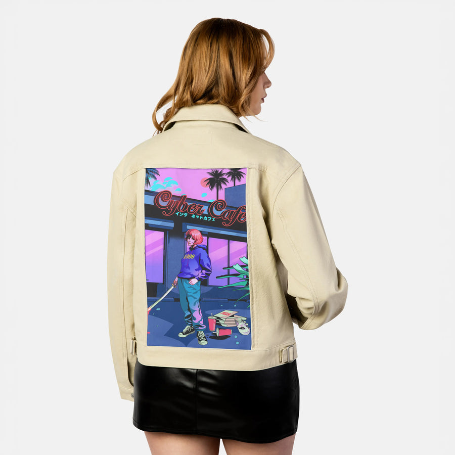 cybercafe patch on female atelier canvas jacket in tan