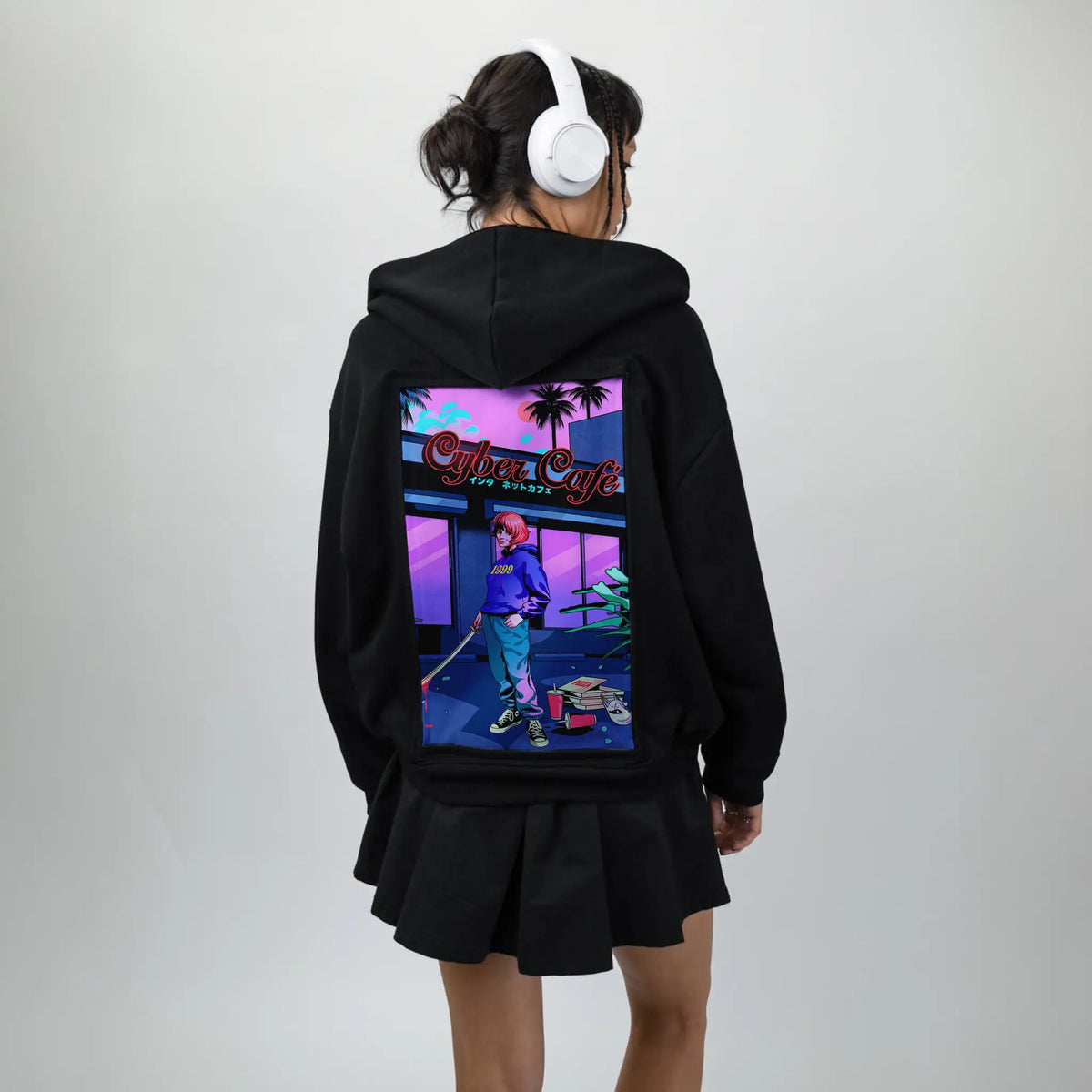 cybercafe patch on female essential zip hoodie in after hours