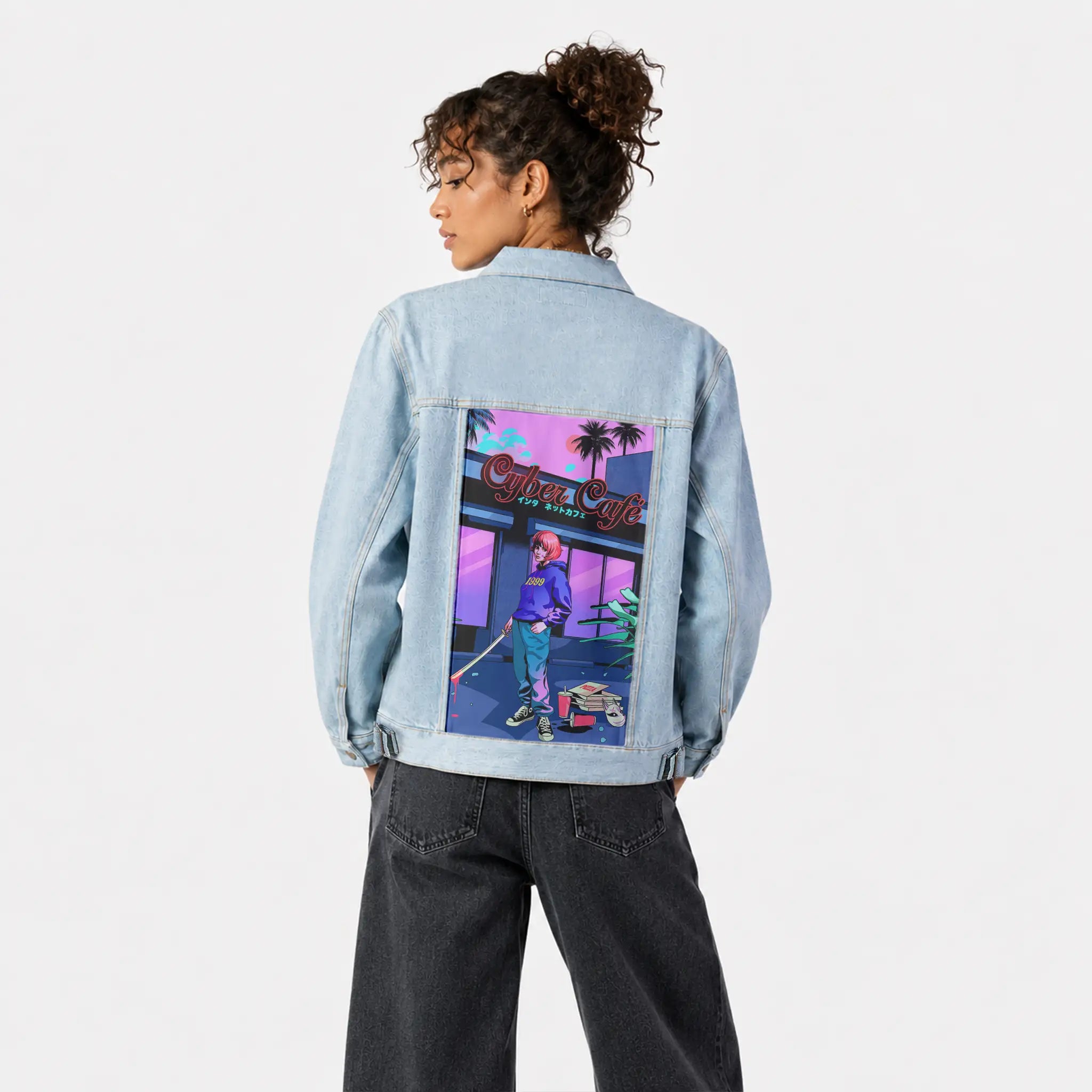 cybercafe patch on female og denim jacket in oceanside