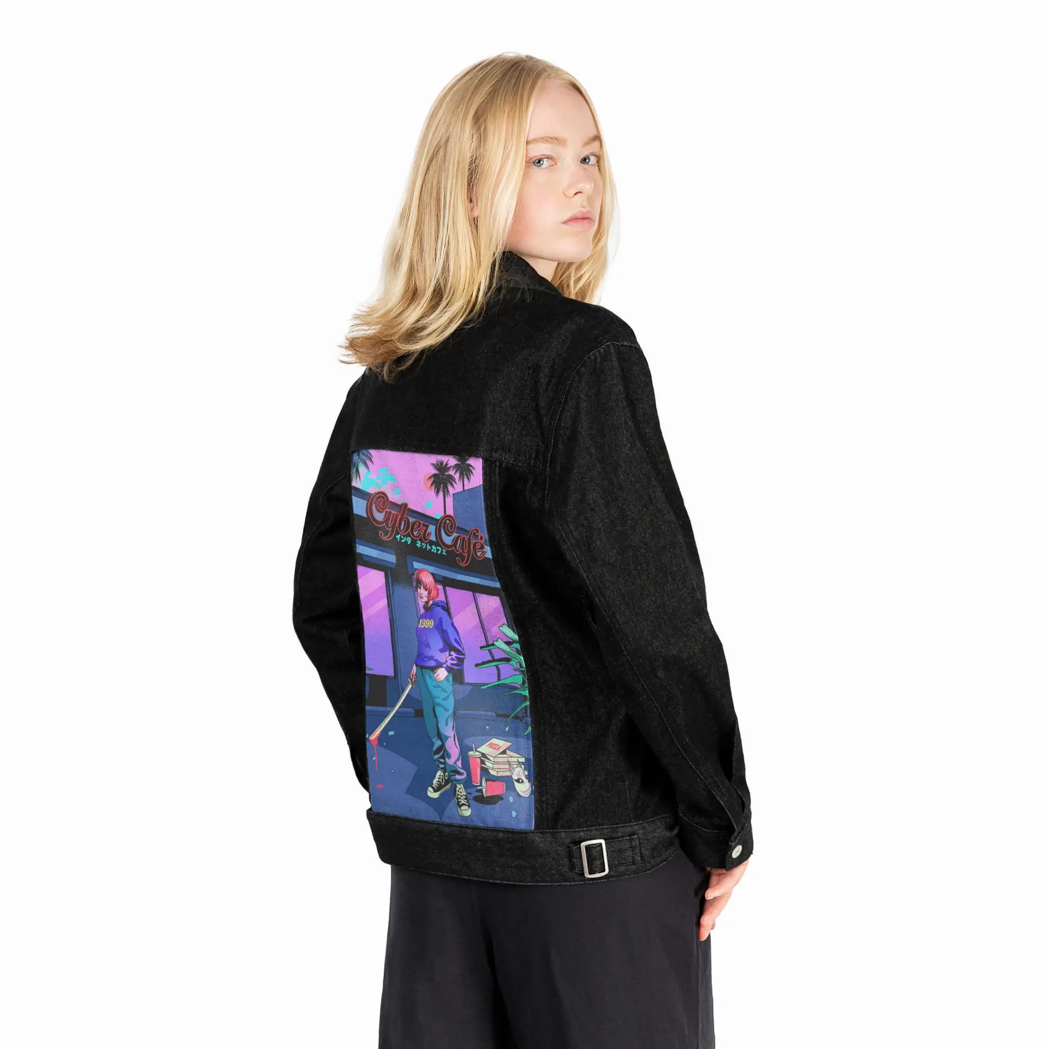 cybercafe patch on female og denim jacket in raven