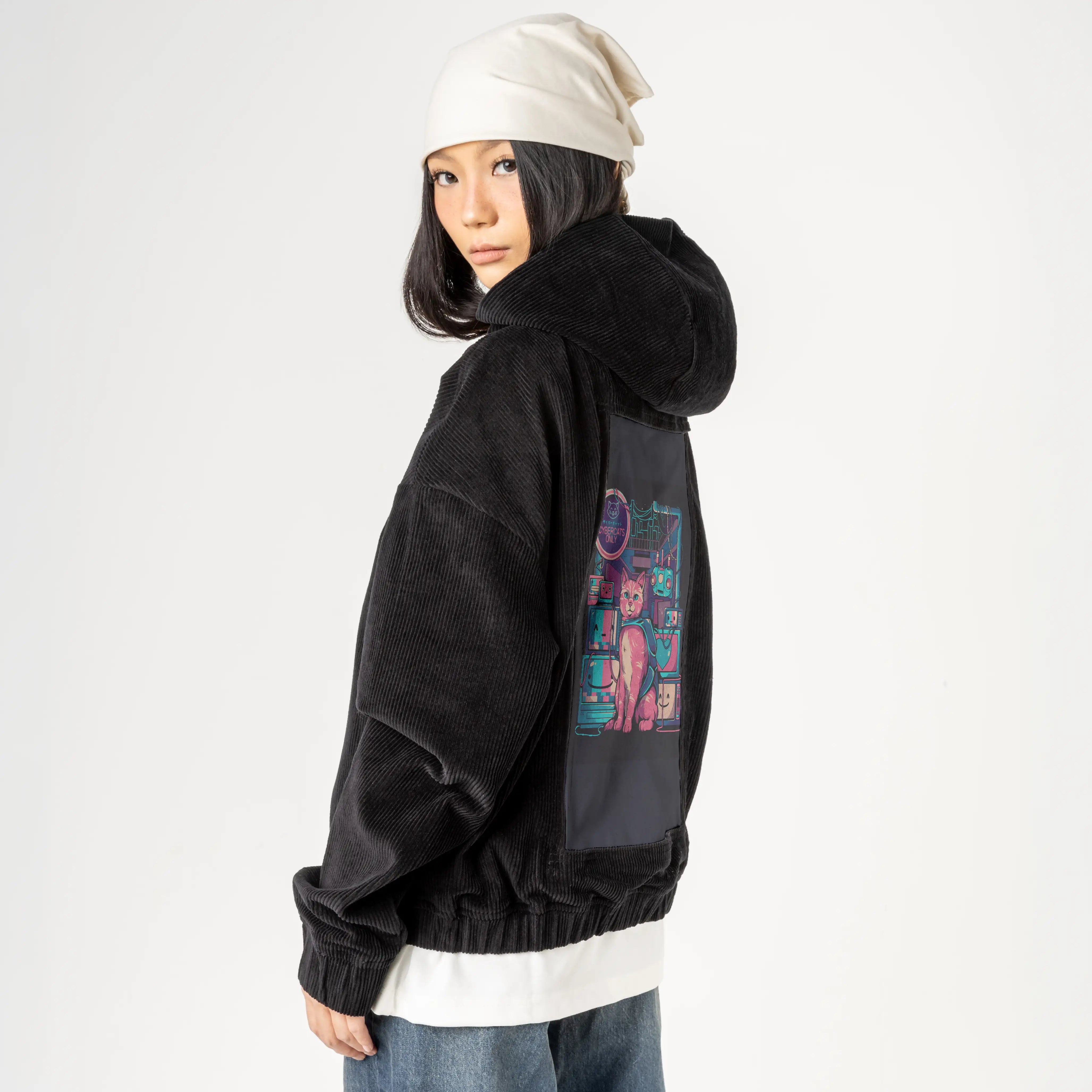 cybercatsonly patch on female retro cord hoodie in onyx